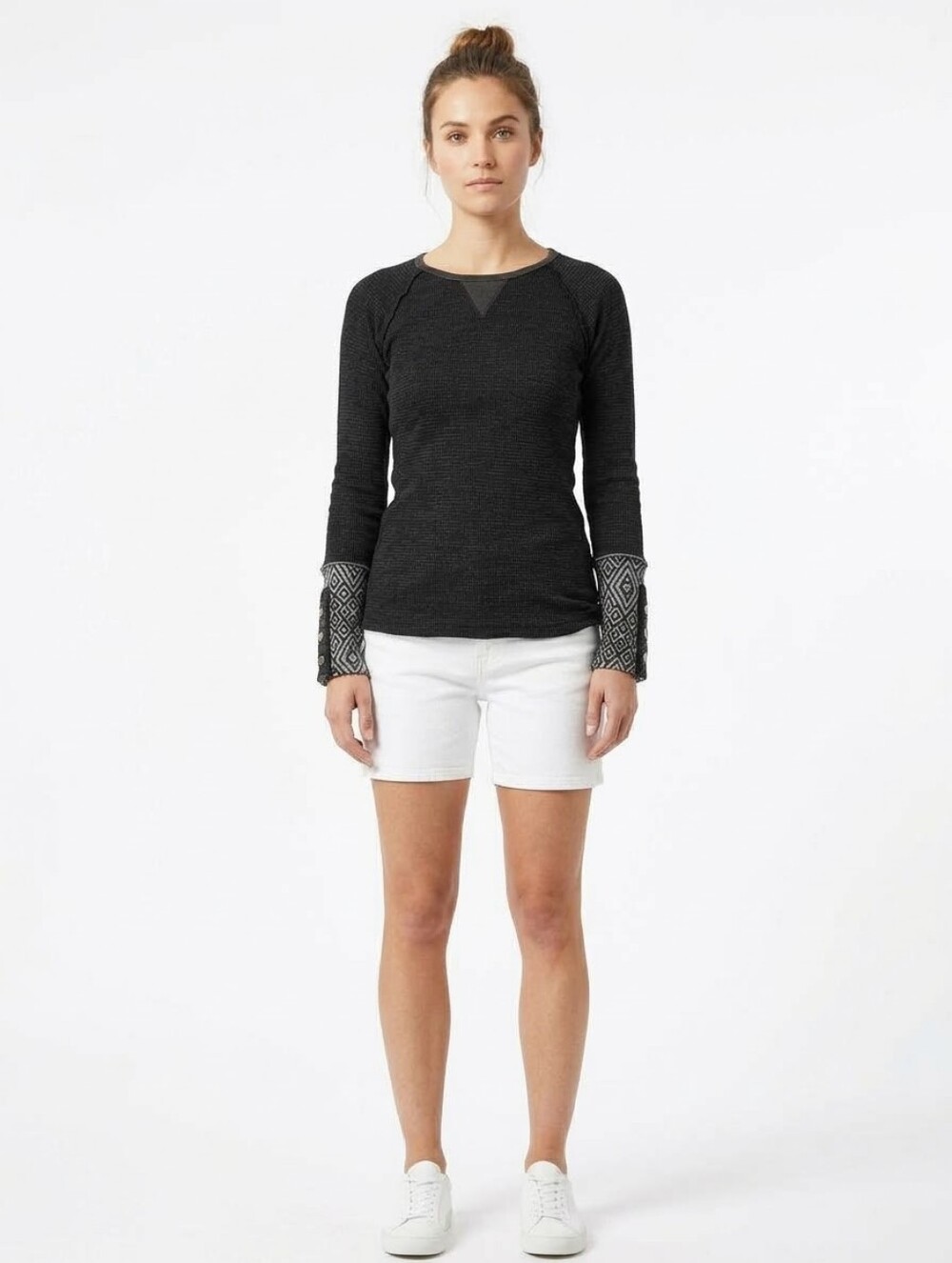 Women's Black Long-Sleeve Crewneck Top with Patterned Cuffs